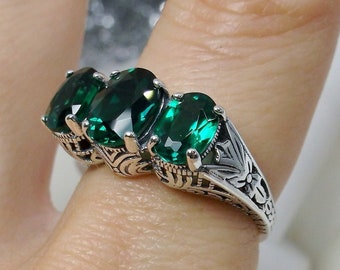 Estate Sterling Silver 925 Rainbow 3ct Mystic Blue Alexandrite Emerald Cut Filigree Vintage Style Ring Cocktail Pinky Birthstone JL88-01