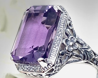 Natural Amethyst Ring Sterling Silver/ 6.7ct Natural Purple Gemstone Art Nouveau Floral Filigree [Custom Made] Design#64