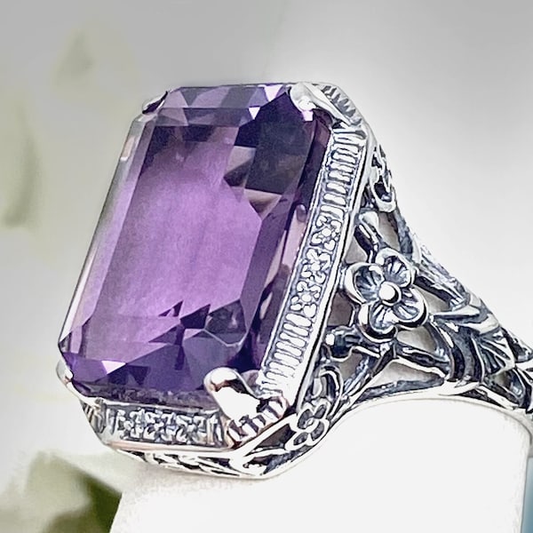 Natural Amethyst Ring Sterling Silver/ 6.7ct Natural Purple Gemstone Art Nouveau Floral Filigree [Custom Made] Design#64