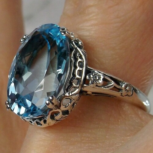 #738 SIM AQUAMARINE FILIGREE VINTAGE DESIGN .925 STERLING SILVER RING SIZE 10 #738 SIM AQUAMARINE FILIGREE VINTAGE DESIGN .925 STERLING SILVER RING SIZE 10