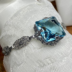 Aquamarine Blue Bracelet • Square Cut Simulated Stone • Sterling Silver • Victorian Filigree Link Motif • In Stock | Design#S77
