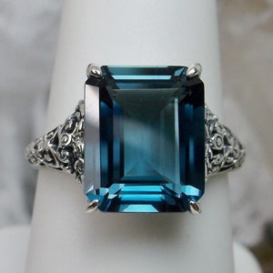 Natural London Blue Topaz Ring/ Solid Sterling Silver/ 4.2ct London Blue Topaz Victorian Filigree [Made To Order] Design#18