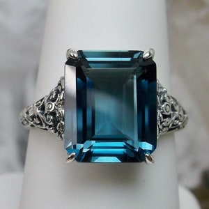 Natural London Blue Topaz Ring/ Sterling Silver/ 4.2ct London Blue Topaz Victorian Filigree [Made To Order] Design#18