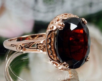 Natural Garnet Ring Size 11 | Rose Gold plated Sterling Silver Oval 5ct Red Gem Floral Deco/Edwardian Filigree Design#70z