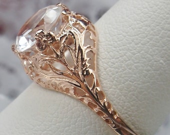 Victorian Natural White Topaz Sterling Silver & Rose Gold Leaf Filigree Ring (Made To Order) Design #198