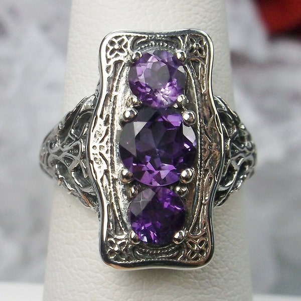 Natural Amethyst Ring/ Solid Sterling Silver/ Natural Purple Amethyst 3Stone Edwardian Art Deco Filigree [Made to Order] Design#60