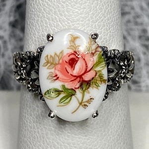 Painted Pink and Green Rose Cameo Ring/ Sterling Silver/ 5ct Painted Enamel Cameo Gothic Leaf Filigree [Made To Order] Design#92