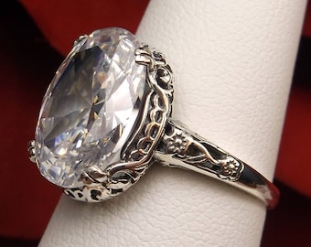 Sterling Silver Gemstone Ring | 6ct Oval White CZ or Natural Topaz | Floral Deco Edwardian Fine Filigree [Custom-Made] Design#70