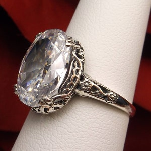 Sterlingzilveren edelsteenring | 6 kt ovale witte zirkonia of natuurlijke topaas | Edwardiaans fijn filigraanontwerp met bloemendeco [op maat] #70