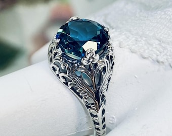 London Blue Ring Size 10 | Round 2ct Faceted Genuine Natural Topaz Gemstone Sterling Silver Floral Leaf Filigree [In Stock] Design#198