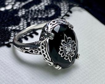 Black Gemstone Ring Sterling Silver/ Embellished CZ, Moissanite, Diamond / Floral Antique Vintage Filigree [Custom Made] Design#70e