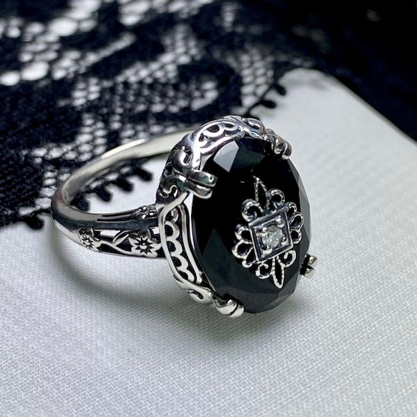 Black Gemstone Ring Sterling Silver/ Embellished CZ, Moissanite, Diamond / Floral Antique Vintage Filigree [Custom Made] Design#70e