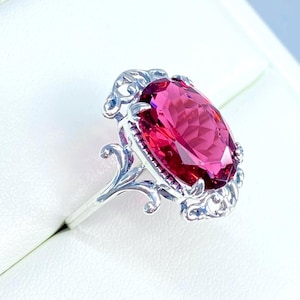 Red Ruby Ring Sterling Silver/ 5ct Oval Cut Simulated or Lab Red Ruby Sterling Silver Gothic Leaf Filigree [Made To Order] Design#84
