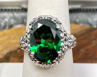 Emerald CZ Ring/ Solid Sterling Silver/ 5ct Oval Cut Emerald CZ, Butterfly Floral Filigree [Custom Made] Design#79