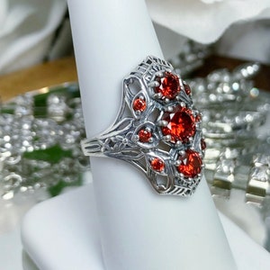 Garnet CZ Ring 925 Sterling Silver 9Gem Bright Red Cubic Zirconia 1930s Art Deco Gatsby Design Filigree [Custom Made] Design#69