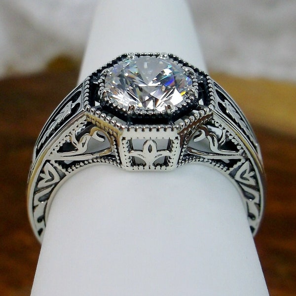 White CZ or Moissanite Ring/ Solid Sterling Silver Floral Art Deco Eiffel Wedding Filigree [Made To Order] Design#240