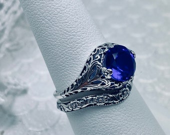 Sapphire Ring Sterling Silver | 2ct Round Simulated Sapphire Art Nouveau Floral Leaf Filigree/Matching Floral band [Custom Made] Design#198