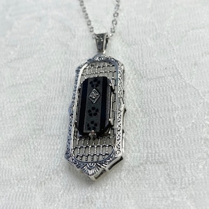 Black Camphor Glass Pendant/ 925 Sterling Silver/ Black Camphor Glass w/CZ Art Deco 1930&#39;s Silver Filigree [In Stock] Design#P16