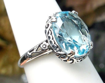 Aquamarine Blue Ring Size 7 | Sterling Silver 4ct Oval Simulated Aqua Gemstone Floral Art Deco Edwardian Filigree [In Stock] Design#70z