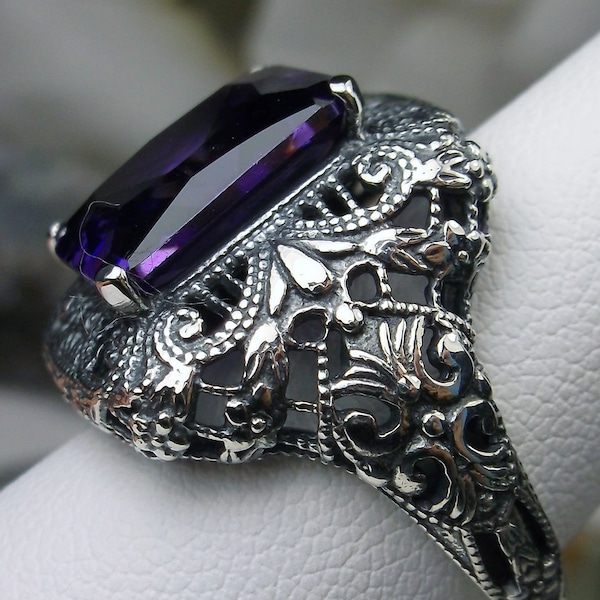 Amethyst Ring / Massiv Sterling Silber / 6ct Rechteck Amethyst CZ oder natürlich, Silber aufwendig filigran [Spezialanfertigung] Design #149