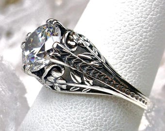 White CZ Ring Size 9 | Round Diamond-Cut 2ct Zirconia in Sterling Silver Art Deco/Edwardian 2Fleur Filigree [Ships Now] Wedding Design#159