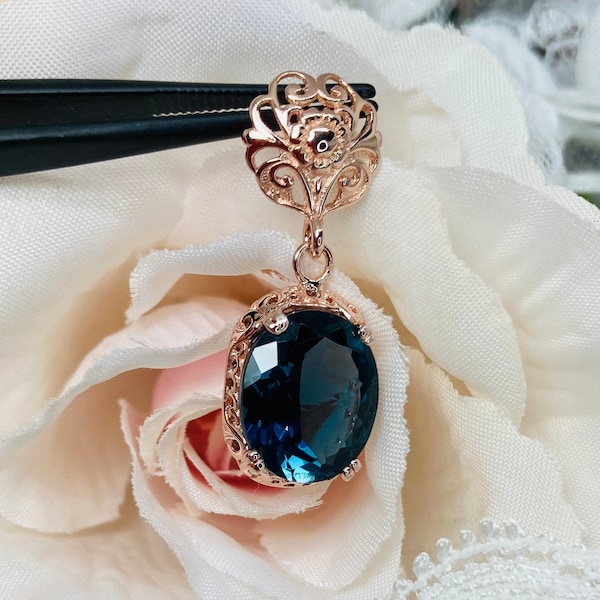 Natural London Blue Topaz Pendant/ Rose Gold & Sterling Silver / Oval Gemstone Floral Edwardian Filigree Necklace [Custom Made] Design#P70z