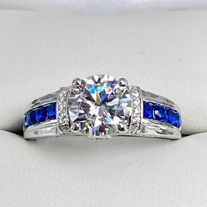 Sapphire & White Gem Ring, Art Deco Inlay w/Sterling Silver Filigree [CustomMade] Design#220