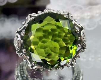 Peridot Ring / Solid Sterling Silver 10ct Round Cut Simulated Green Gem Gothic Renaissance Filigree [Custom Made] Design#105