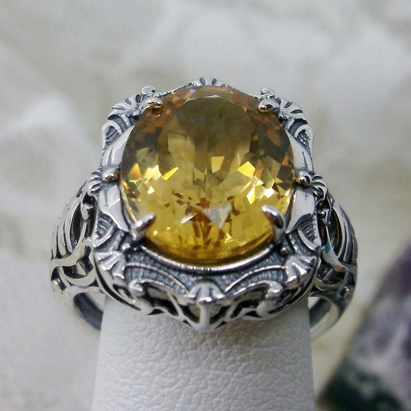 Natural Citrine Ring/ Solid Sterling Silver/ 4.45ct Oval Cut Yellow Citrine Art Nouveau Leaf Garland Filigree Size 6 [In Stock] Design#229