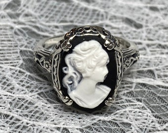 Cameo Lady Ring/ Solid Sterling Silver/ Black & White Silhouette Floral Filigree Edwardian Revival Jewelry [Custom Made] Design#70