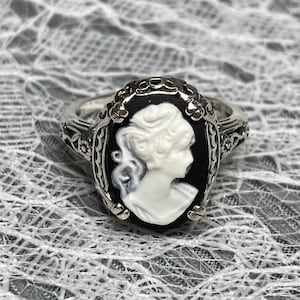 Cameo Lady Ring/ Solid Sterling Silver/ Black & White Silhouette Floral Filigree Edwardian Revival Jewelry [Custom Made] Design#70