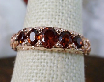 Natural Garnet Ring | Rose Gold Plated Sterling Silver Red 5-gemstone Georgian Victorian Band Filigree [Made To Order] Design#19