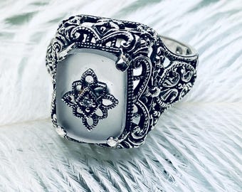 Camphor Glass Embellished Ring Size 8 | inset Moissanite Gemstone | Sterling Silver Floral Victorian Filigree [In Stock] Autumn Design#200e