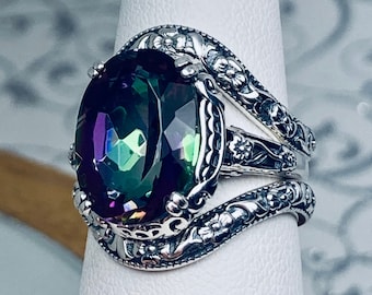 Rainbow Mystic Ring & Floral Band Set • Sterling Silver • Natural Topaz Solitaire • Custom | Design#70