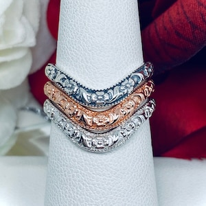 Floral High Curve Ring Band, Sterling Silver, White or Rose Gold, Center Flower Accent Edwardian Filigree Curved [Custom Made] Design#511z