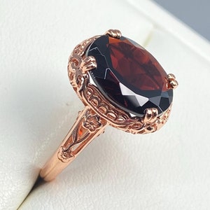 Natural Red Garnet Ring | Rose Gold plated Sterling Silver Oval 5ct Natural Red Garnet Edwardian Floral Filigree [Made To Order] Design#70z