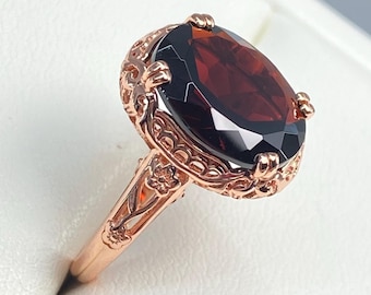 Antique Design Edwardian Red Garnet Ring • Rose Gold Plated 925 Sterling Silver • 5ct Oval Gem • Floral Filigree • Made to Order | D#70z