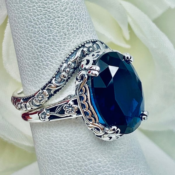 Ensemble bague bleu saphir et jonc floral/bague en argent sterling/solitaire simulé de gemme vintage [faite sur mesure] Design n°70