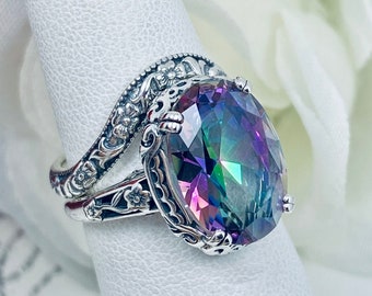 Rainbow Mystic Ring with Floral Band Set, Sterling Silver Ring Simulated Topaz Gem Solitaire Vintage Matching Set[Custom Made] Design#70