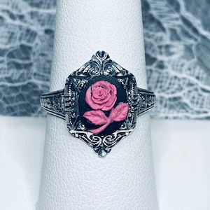 Anillo con camafeo de rosa rosa/plata de ley/filigrana egipcia con flor, joyería Art Déco clásica [hecha a medida] Diseño n.° 209