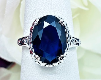 Sapphire Ring | 925 Sterling Silver/ 6ct Simulated Sapphire Gem, Edwardian Antique Floral Filigree [Custom Made] Design#D70