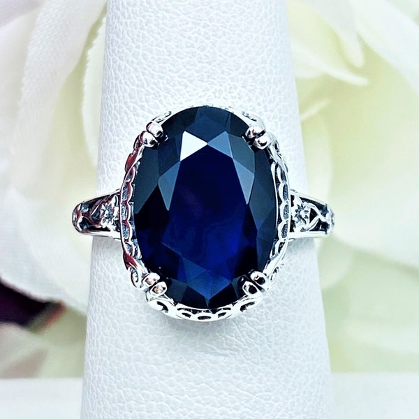 Sapphire Ring | 925 Sterling Silver/ 6ct Simulated Sapphire Gem, Edwardian Antique Floral Filigree [Custom Made] Design#D70