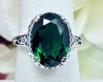 Emerald Green Ring Size 11 | Sterling Silver/ 6ct Oval Simulated Emerald Gem Silver Floral Art Deco Edwardian Filigree [In Stock] Design#70
