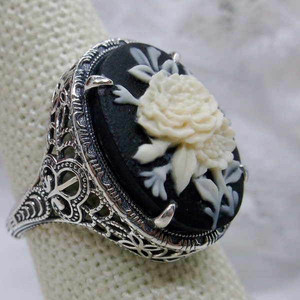 Cameo Ring/ Solid Sterling Silver /Art Deco /Flower, Lady Silhouette, or Butterfly, Vintage Filigree Ring [Made To Order]Design#230
