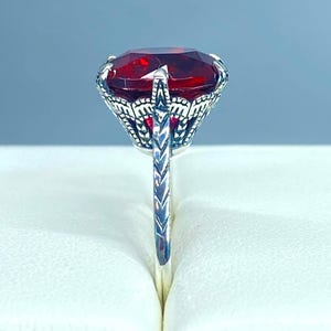 Red Ruby Ring/ 6ct Round Cut Simulated Gem with Sterling silver Edwardian 1910 Etched Filigree [Custom Made] Design#37