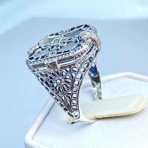 Frosted Camphor Glass Ring Sterling Silver | Frosted Camphor Glass Art Deco 1930&#39;s Filigree [Custom Made] Design#203
