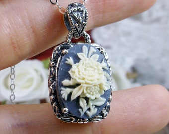 Cameo Pendant Necklace Sterling Silver/ Oval Gray & Ivory Cameo Flower Bouquet Victorian Jewelry Leaf Filigree Necklace [Custom] #P120