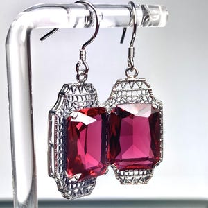 Ruby Earrings/ Sterling Silver/ 9ct Simulated Red Ruby Art Deco 1930s Silver Lantern Filigree Earrings [In Stock-Wires] Design#S13