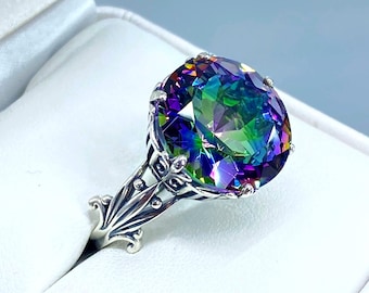 Simulated Mystic Topaz Ring Size 8.5 / Round Big 8ct Gemstone 925 Sterling Silver Luv Leaf Filigree [Ready to Ship] Design #226
