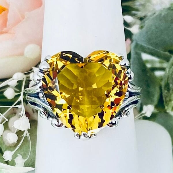 Heart Yellow Citrine Ring Sterling Silver | 10ct Simulated Gemstone Big Love Leaf Claw Filigree Huge [Made To Order] Design#213